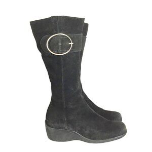 La Canadienne Black Suede Tall Wedge Boots Womens 7.5 Side Zip Buckle